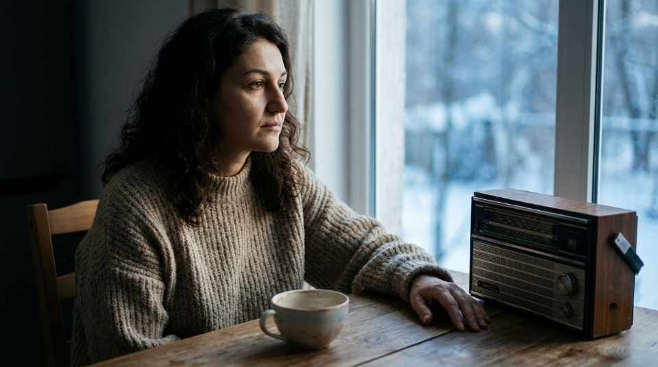 Nichts ändert sich an Neujahr. Anna Hamering am Fenster vor einem alten Transistor-Radio.