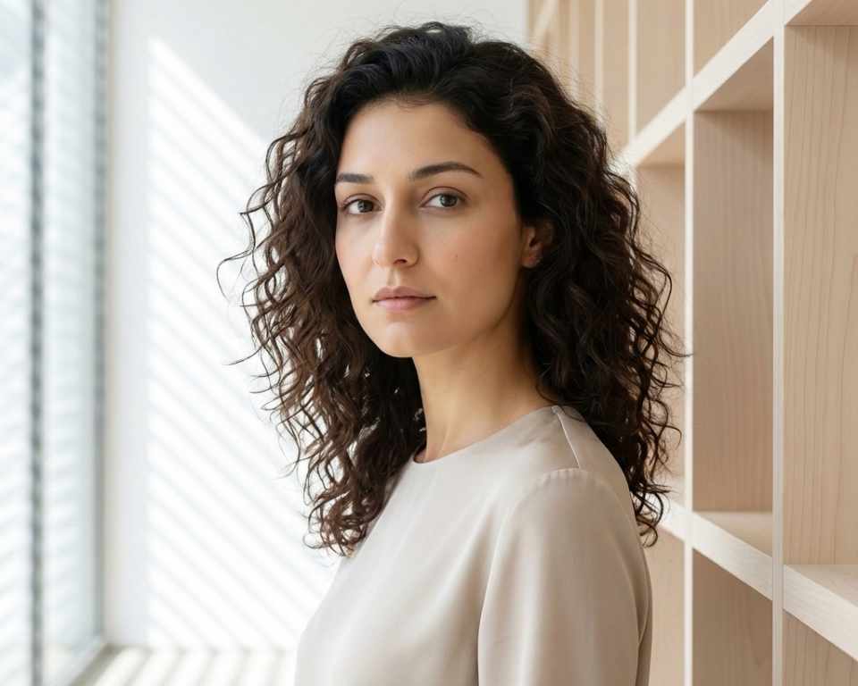 Eine junge Frau mit dunklen Haaren blickt, vor einem Regal stehend, in die Kamera