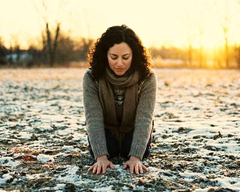 Sonnenwende: Anna kniet und berührt die Erde  an einem Wintertag auf einem leicht mit Schnee bedeckten Feld.
