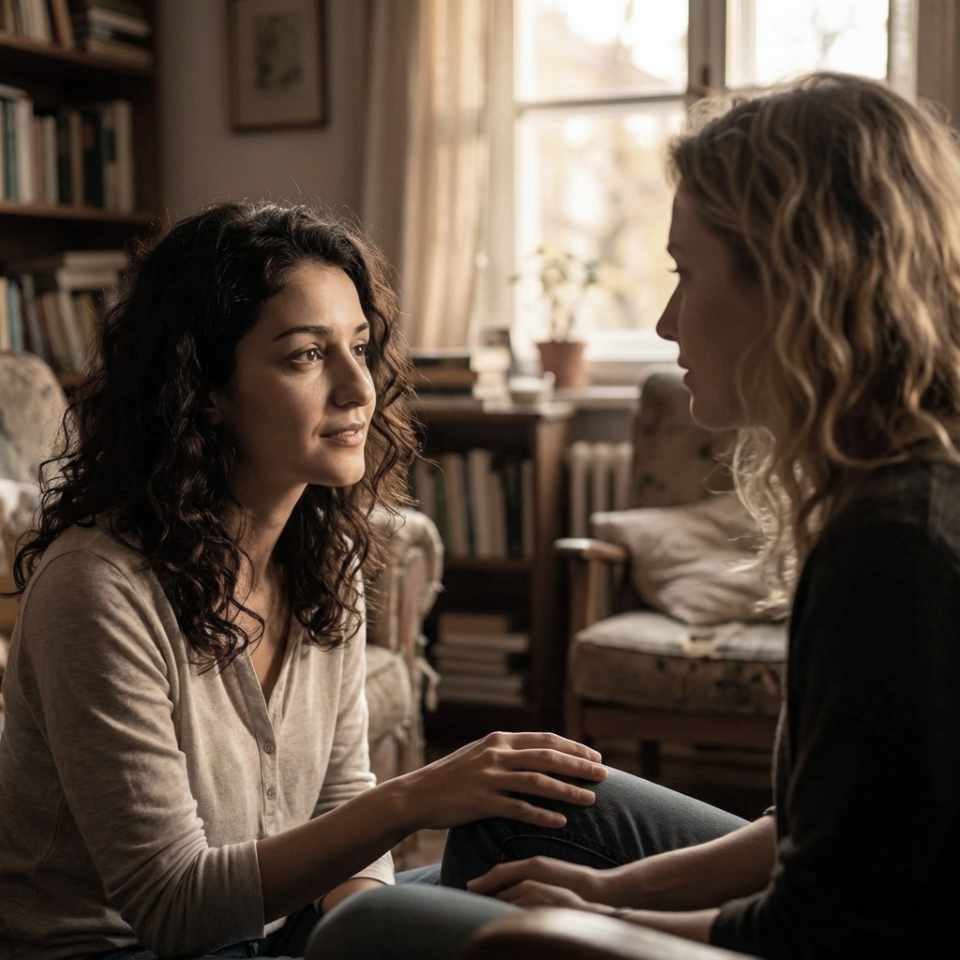 Anna im Kontakt mit einer Frau und auf ihren inneren Kritiker hörend.
