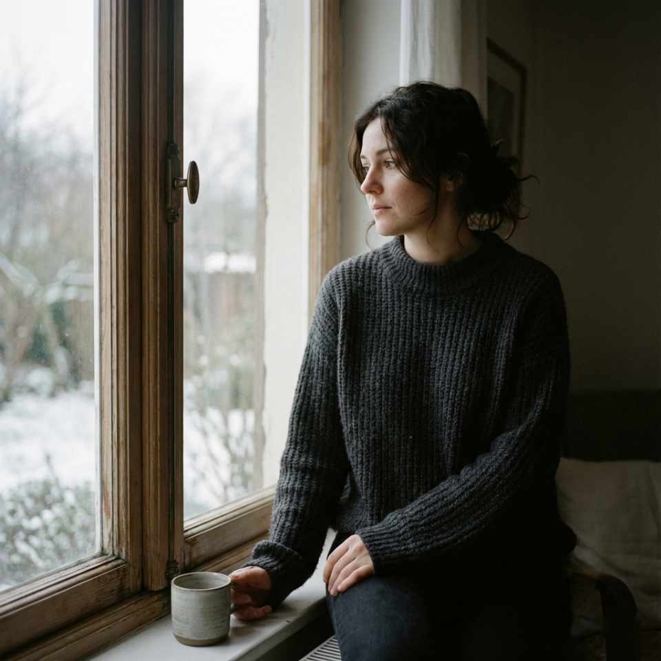 Anna sitzt am Fenster, blickt hinaus und trinkt Tee.